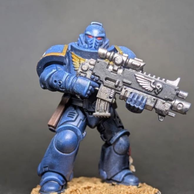 Space Marine painted to Battle Ready standard: base coat, simple highlights and a shade